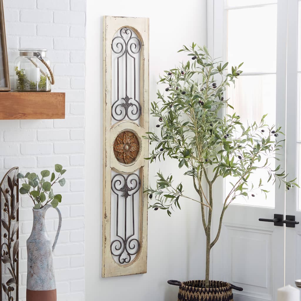 White Wood Distressed Door Inspired Ornamental Scroll Home Wall Decor with Metal Wire Details