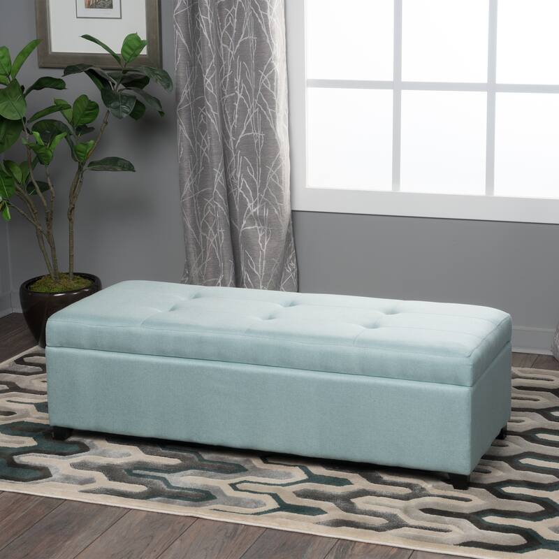 Roomfitters Rectangular Upholstered Storage Ottoman Bench with Lift-Top Lid, Bedroom or Entryway Seating, Light Blue