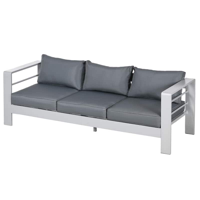 Aluminum Outdoor Garden Sofa with Cushions and Wide Seat - 76.8"W x 27.6"D x 24.4"H - Grey-Silver