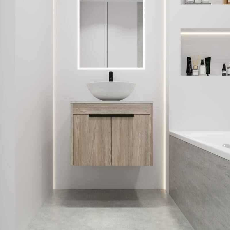 24 " Float Bathroom Vanity With Ceramic Basin Set,Wall Mounted White Oak Vanity With Soft Close Door,2 Pieces Parcel