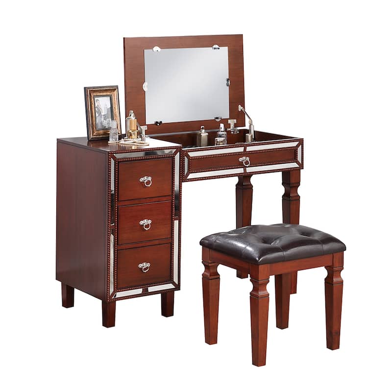 Fabric and Wood Vanity Set with Stool - Cherry, Black