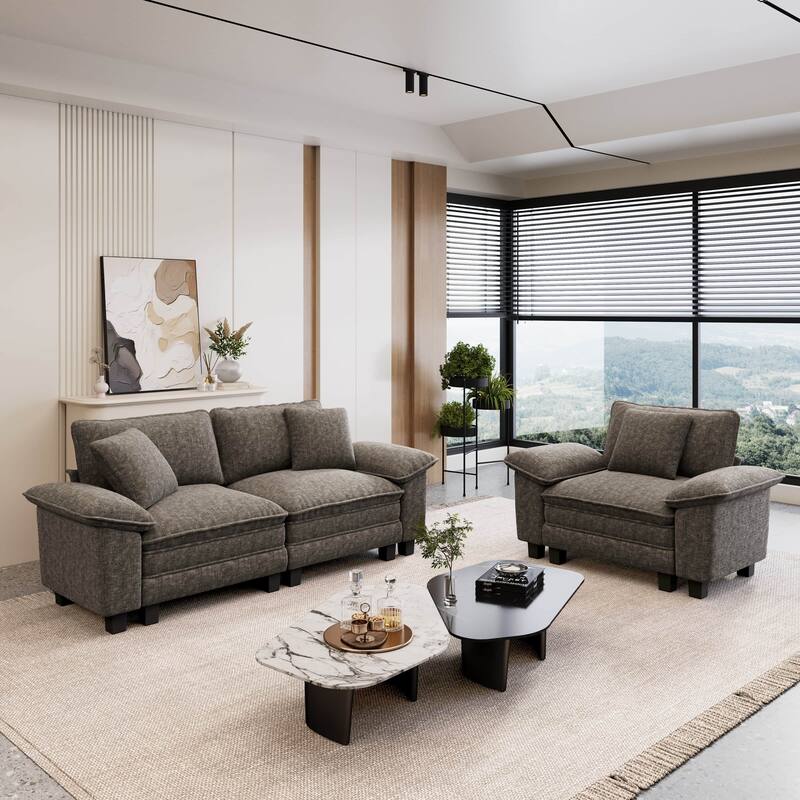 MAISON ARTS 2-Piece Living Room Sofa Set, Comfy 3/4/5-Seater Modular Loveseat & Armchair with Throw Pillows - Smoky Grey ( 3 Pieces ) - Left Facing