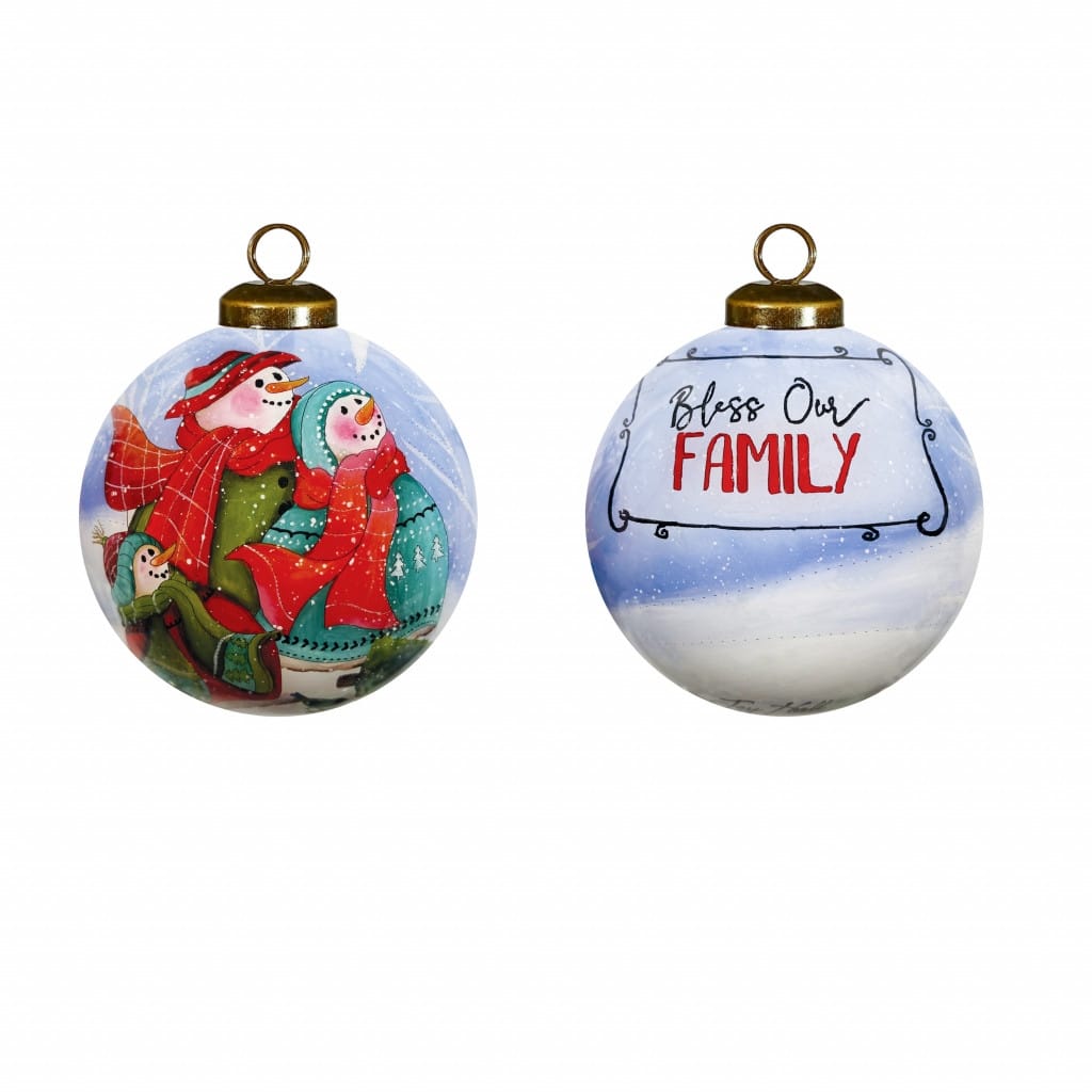 Snowman Family Bless Our Family Wordings Hand Painted Mouth Blown Glass Ornament - 3" x 3" x 3"