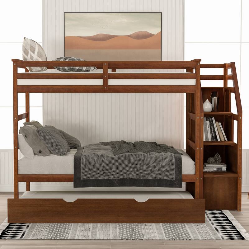 Wood Bunk Beds, Twin-Over-Twin Staircase Bunk Bed with Trundle&Storage