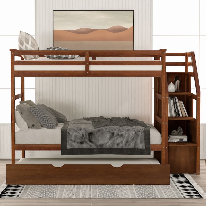 Wooden Twin-Over-Twin Bunk Bed with Pull-Out Trundle and 3 Storage Stairs