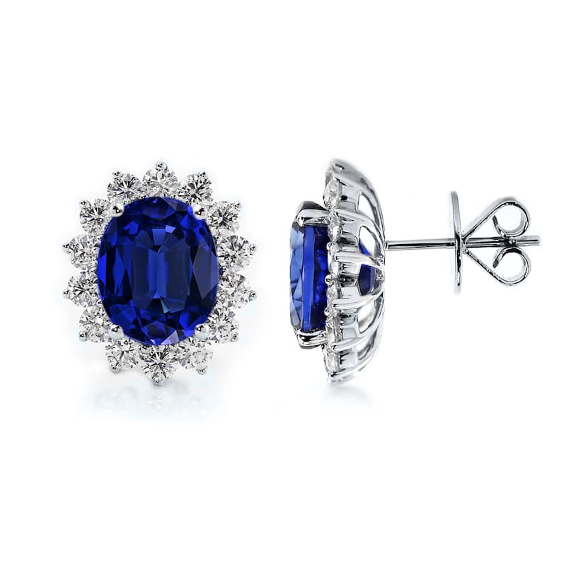 Auriya Fancy 10 3/4ct Royal Blue Sapphire Oval and 2 3/8ctw Halo Diamond Stud Earrings 18K Gold