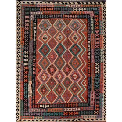 Orange Kilim Oriental Area Rug Hand-Woven Tribal Wool Carpet - 8'5"x 11'5"