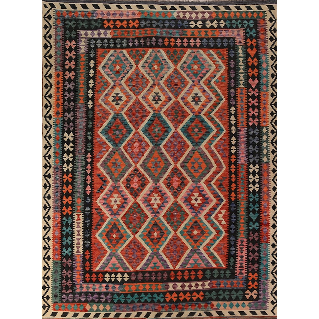 Orange Kilim Oriental Area Rug Hand-Woven Tribal Wool Carpet - 8'5"x 11'5"