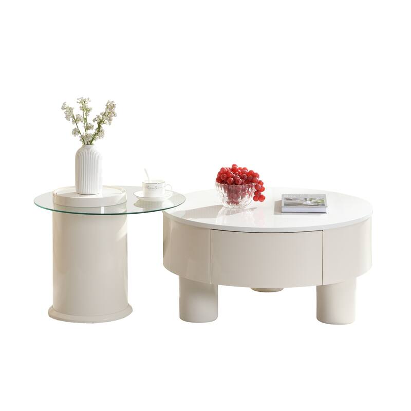 Nesting Coffee Table Set of 2, Round Coffee Table with Drawer, Circular Wood Center Table Set