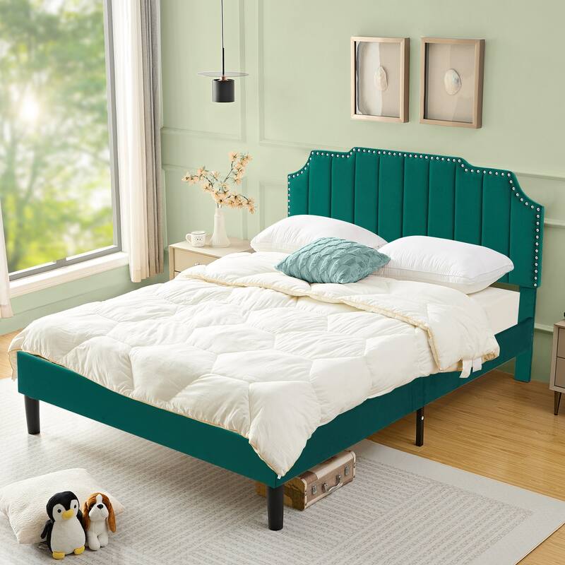 VECELO Upholstered Bed Frame with Nailhead Trim Adjustable Height Headboard, Twin/Full/Queen Size Bedframes