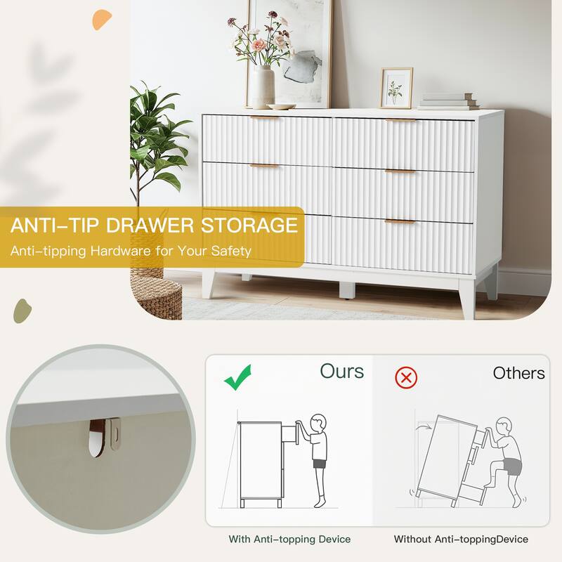 EROMMY Fluted 6-Drawer Dresser – Mid Century Modern Wide Chest with Metal Handles for Bedroom & Living Room
