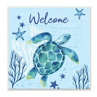 Stupell Welcome Sign Sea Turtle Swimming Ocean Life Wood Wall Art ...