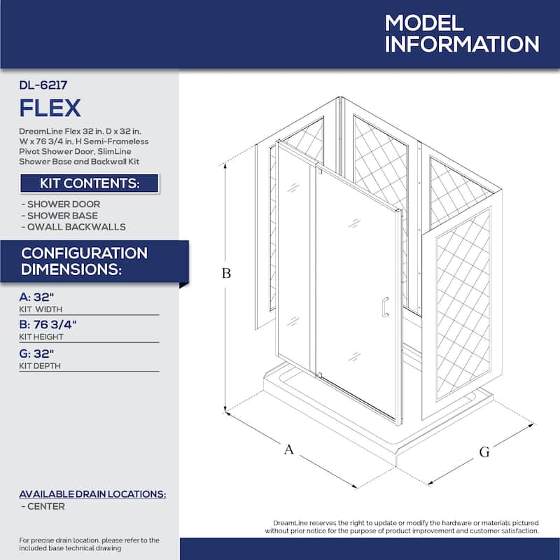 DreamLine Flex 32 in. D x 32 in. W x 76 3/4 in. H Pivot Shower Door, Shower Base and Backwall Kit - 32" x 32"