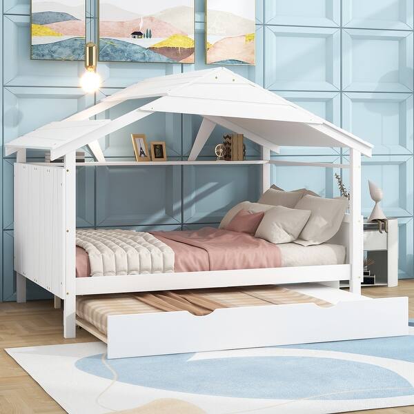 slide 2 of 33, Full Size Solid Wood House Bed with Trundle and Storage for Kids Full - White