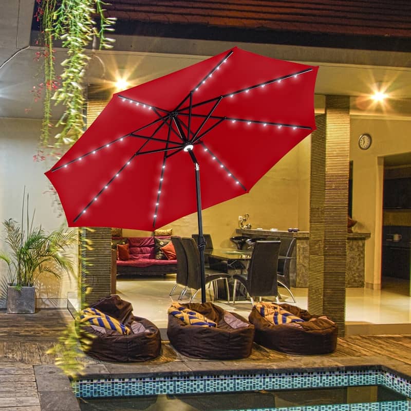 Ainfox 10ft Patio Umbrella with Lights Outdoor Solar Umbrella without Base - Red