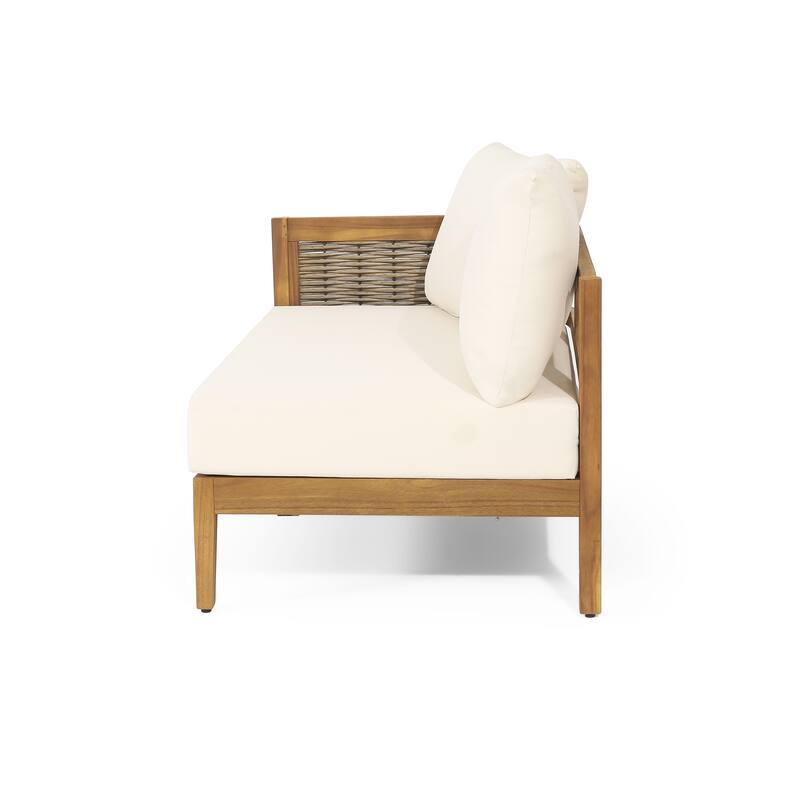 Burchett Acacia Wood and Round Wicker Outdoor 5 Seater Sectional Sofa Set with Cushions by Christopher Knight Home