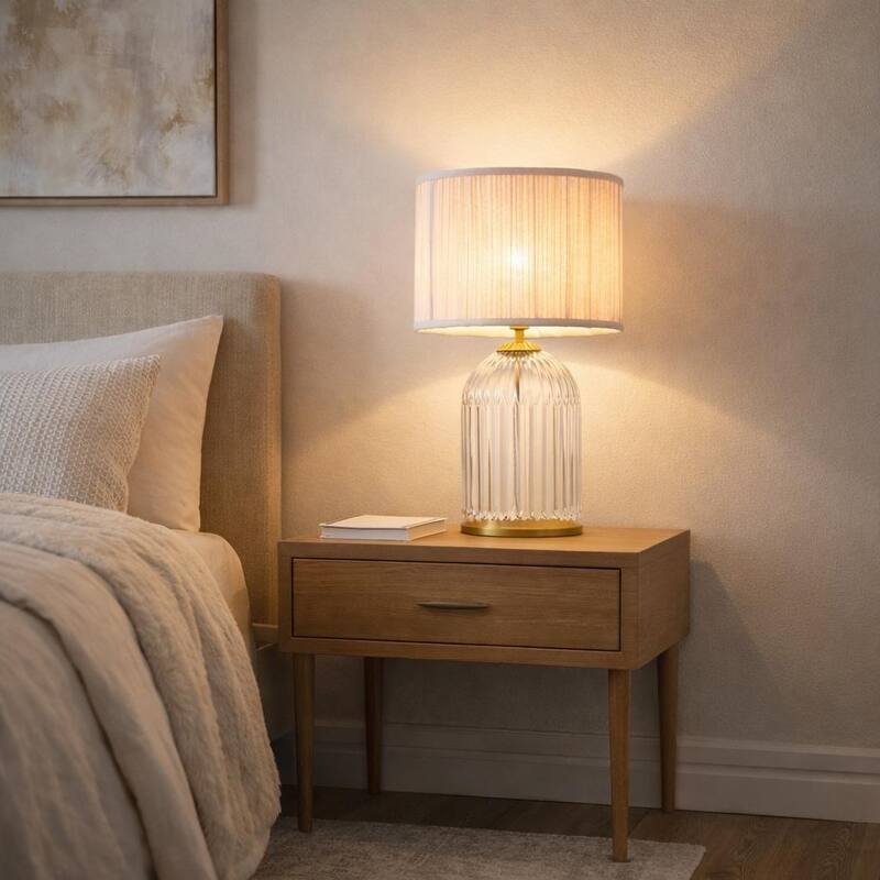 Coachella Ribbed Glass Table Lamp with Pleated Fabric Shade