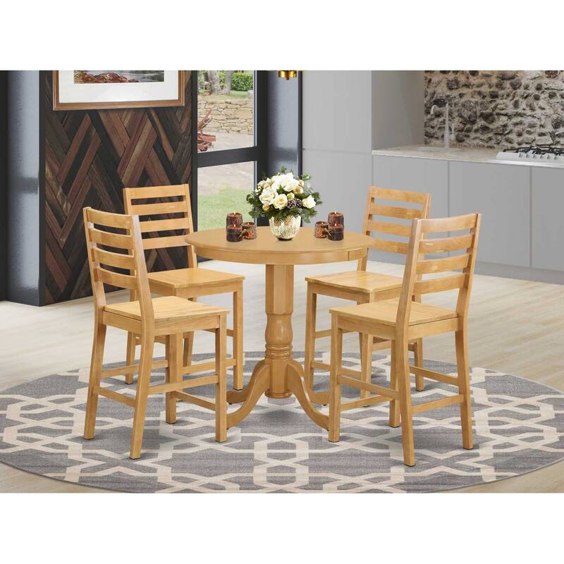 HomeStock 5-Piece Round Natural Oak Finish Solid Wood Top Dining table with 4 Chairs with Lattice Back