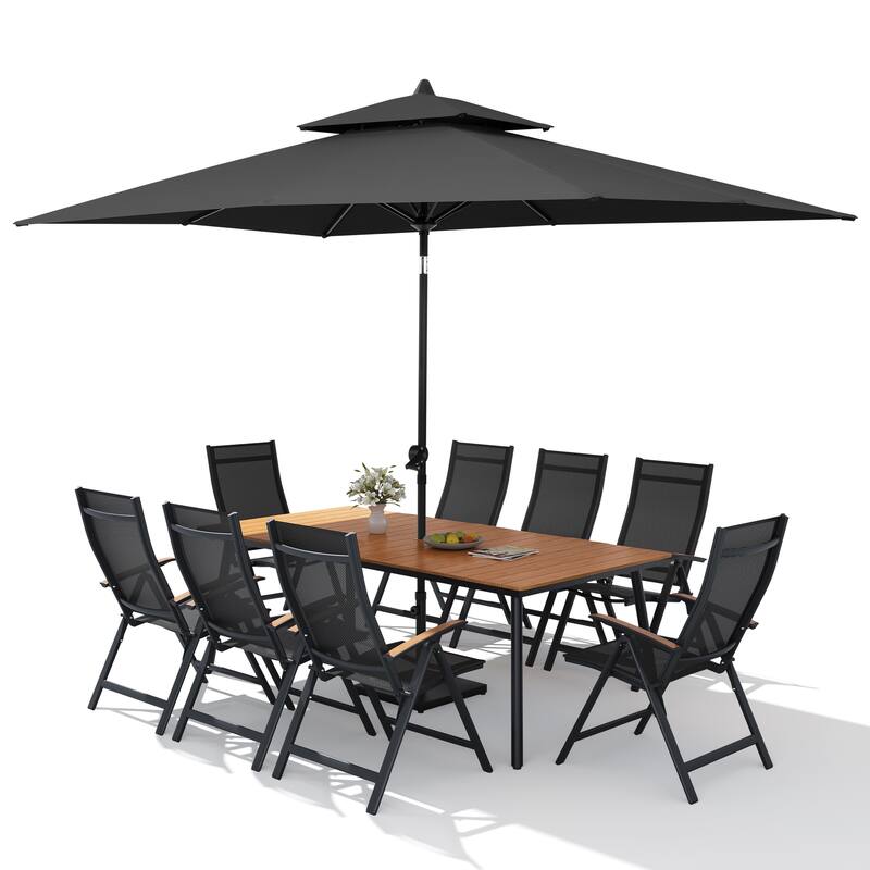 11PC Outdoor Patio Dining Set Wood-Like Aluminum Umbrella Hole Table with Folding Chairs,Double Top Market Umbrella and Base