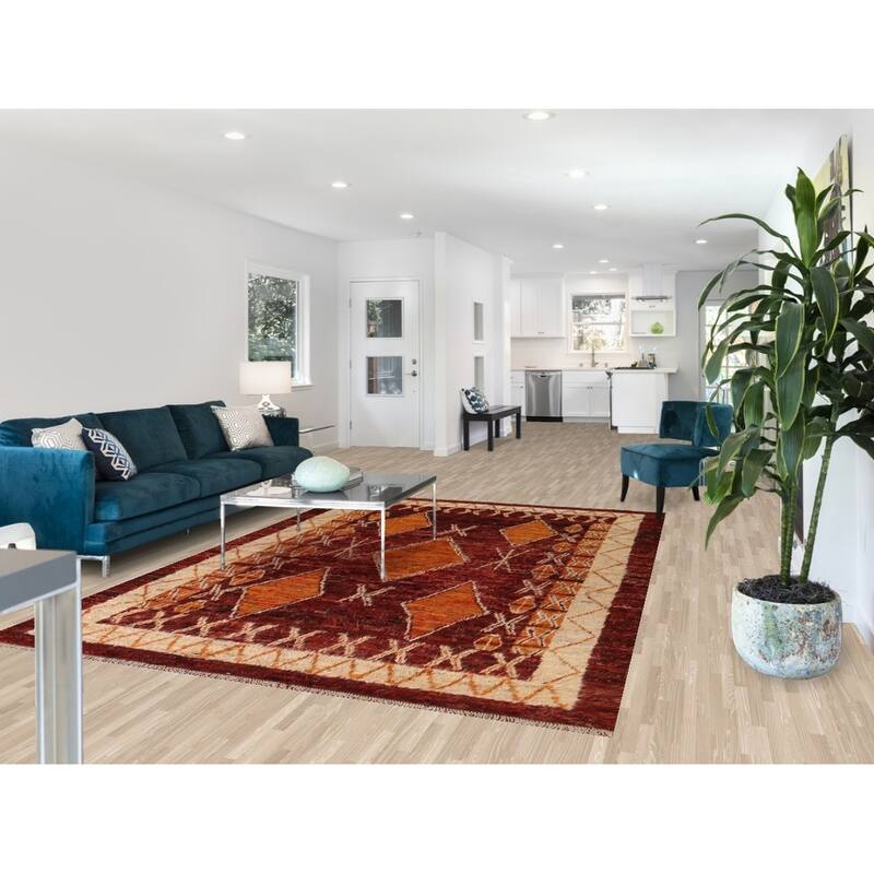 Hand Knotted Oriental 100% Wool Carpet Modern Tribal Red Moroccan Area Rug - 9' 10'' X 6' 10''