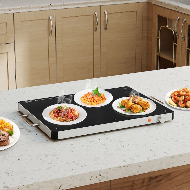 Black Tempered Glass Galvanized Steel Electric Warming Tray with 3 Temp Settings - 24" x 16.5" x 1.5"