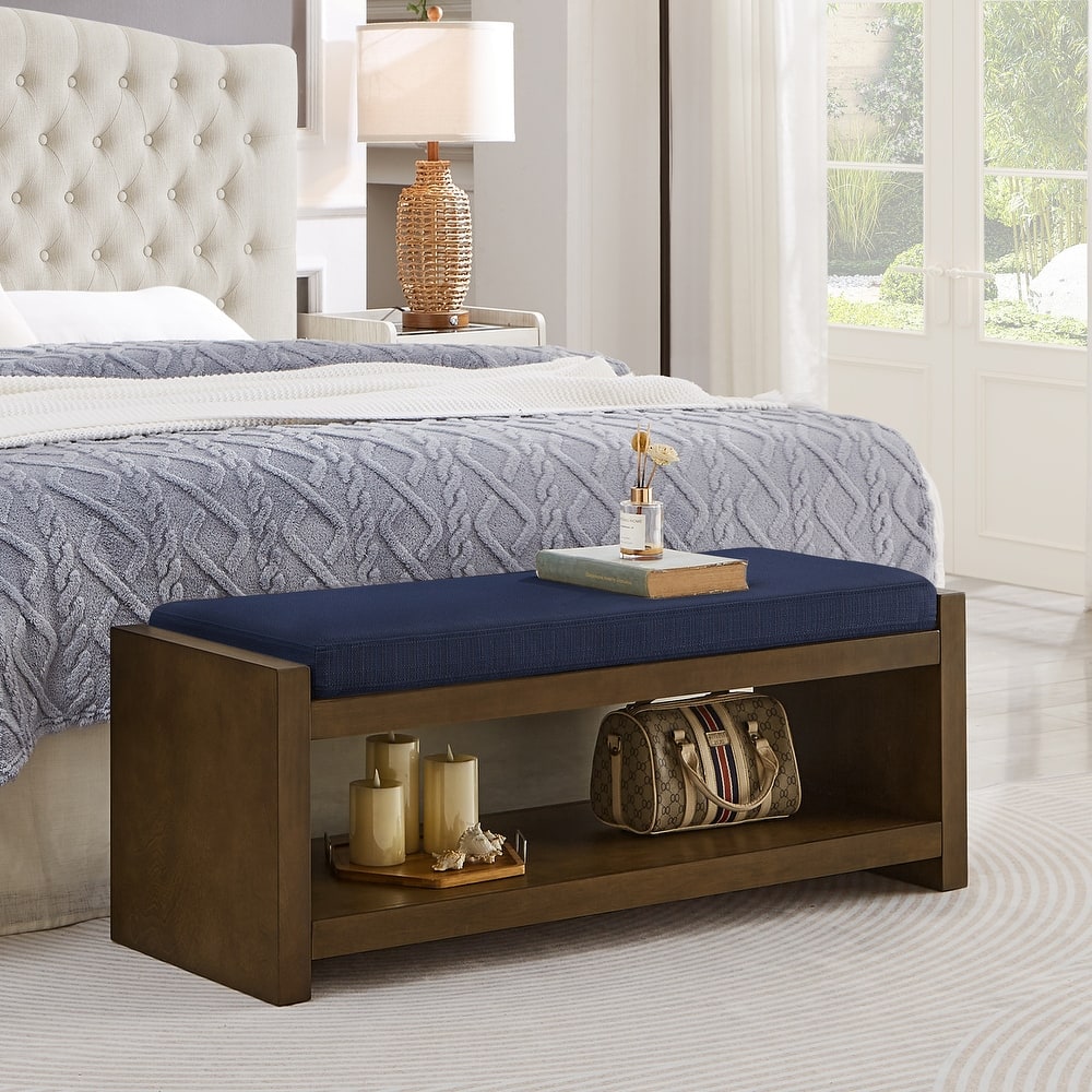 Entryway Storage Bench with Lower Shelf, End of Bed Bench with Wooden Frame Bedroom Linen Upholstered Storage Bench
