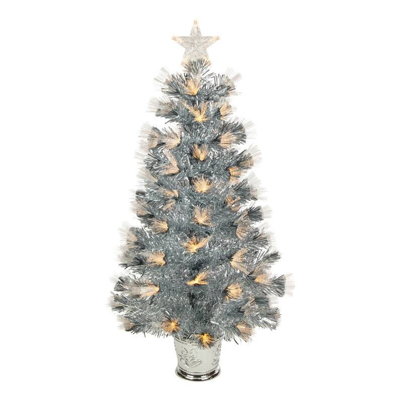 3' Silver Fiber Optic Artificial Christmas Tree, Warm White Lights - 3 Foot