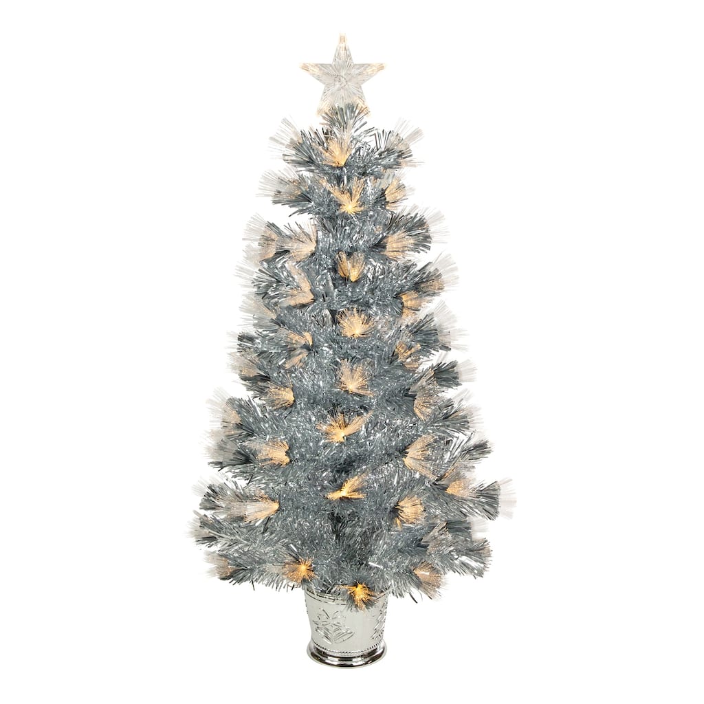 3' Silver Fiber Optic Artificial Christmas Tree, Warm White Lights - 3 Foot