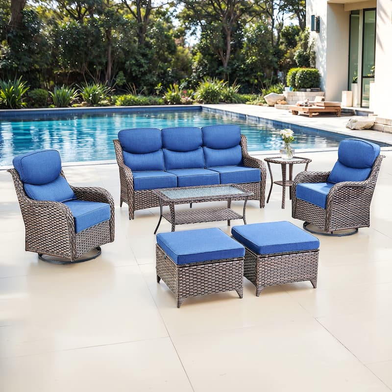 Gymojoy 7-Piece Patio Furniture Set with Swivel Glider Chairs, 6-Inch Ultra-Plush Cushions & Water-Resistant Olefin Fabric - Brown Wicker / Blue Cusion - 7-Piece