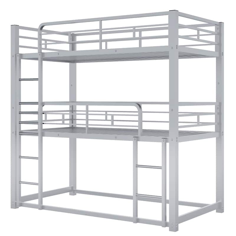 Silver Twin Metal Triple Bunk Bed with Ladder & Fence