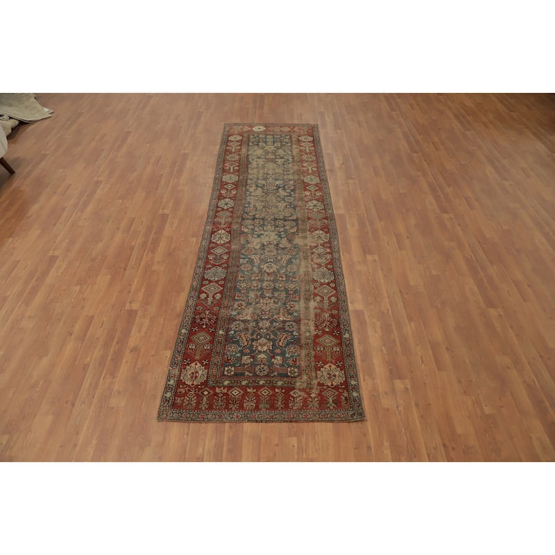 Hand Knotted Oriental 100% Wool Carpet Traditional Floral Navy Blue & Blues Bidjar Runner Rug - 11' 1'' X 3' 1''