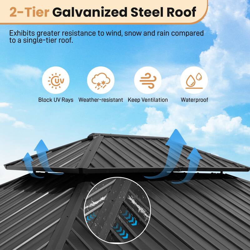 Aoodor 12' x 14' Wood Gazebo, Upgrade Cedar Wooden Frame Gazebo with 2-Tier Galvanized Steel Roof and Outlets