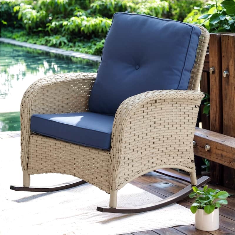 High Back Rocking Chair Outdoor with Cushion - Blue - Light Beige