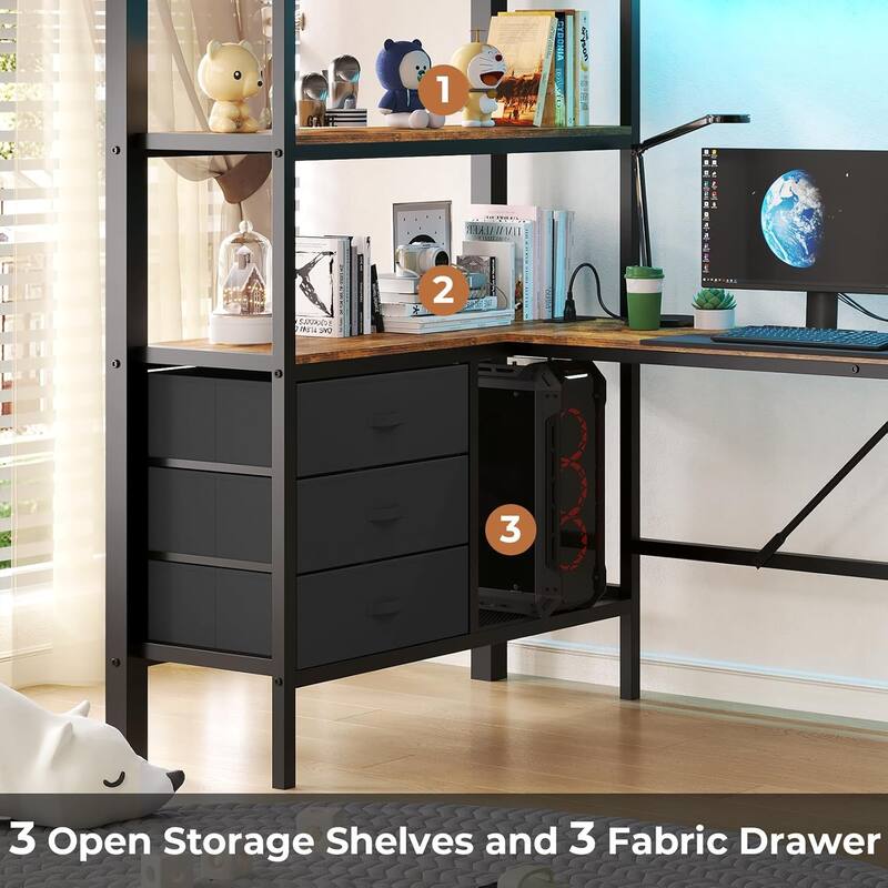 Loft Bed with L-Shaped Desk Charging Station Metal LED Lights 3 Fabric Drawers