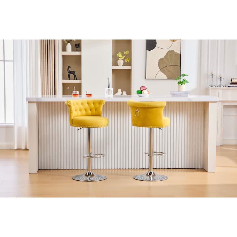 Velvet Bar Stool Set of 2, Adjustable Swivel Bar Stools with Silver Plated Metal Leg, Chrome Nailhead, Counter Height Chair