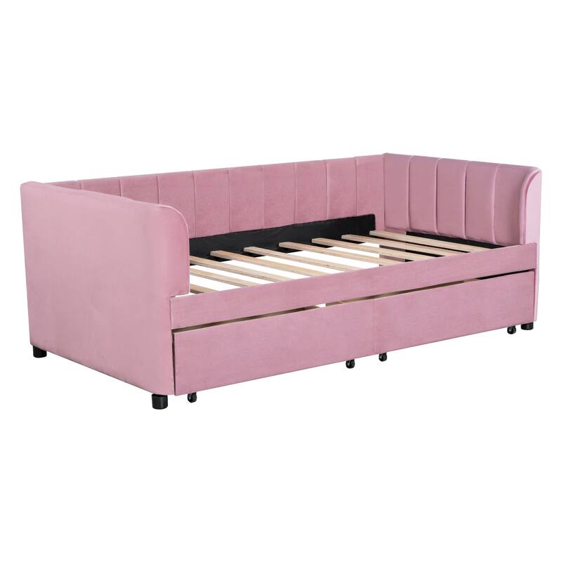 Twin Upholstered Daybed with 2 Drawers for Storage, Ergonomic Backrest, and Stripe Headboard, Perfect for Small Spaces