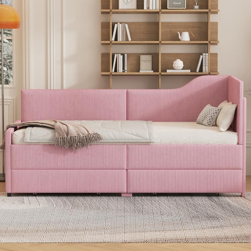 Twin Size L-Shaped Corduroy Daybed,Upholstered Bed Frame with 2 Storage Drawers, Beige - Pink