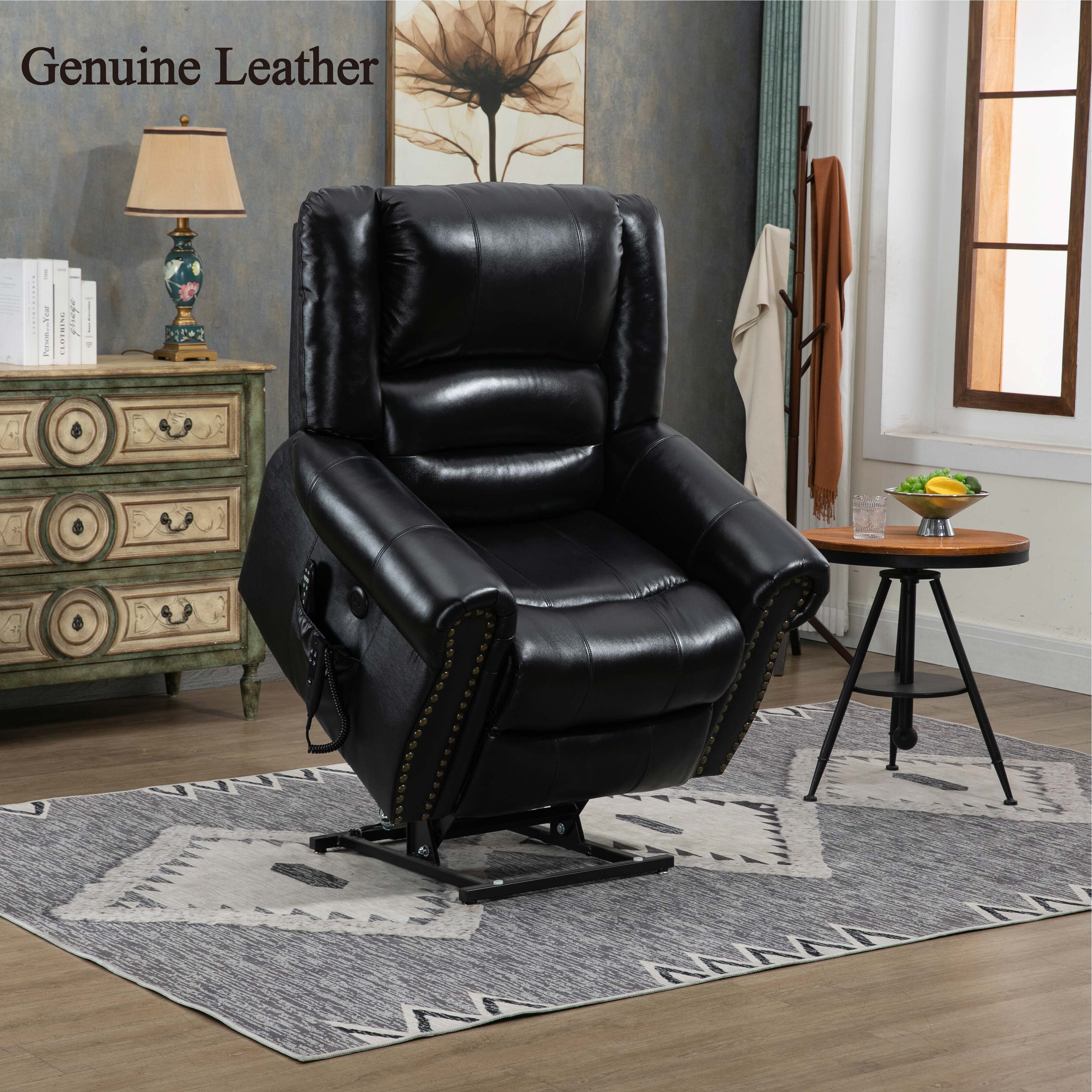 Black Genuine Leather Power Lift Recliner Massage Heat Bed
