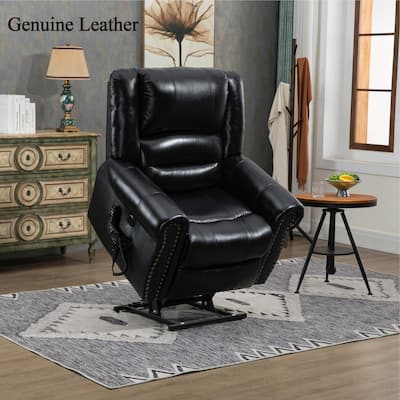 Black Genuine Leather Power Lift Recliner Chair, Dual Motor, Massage