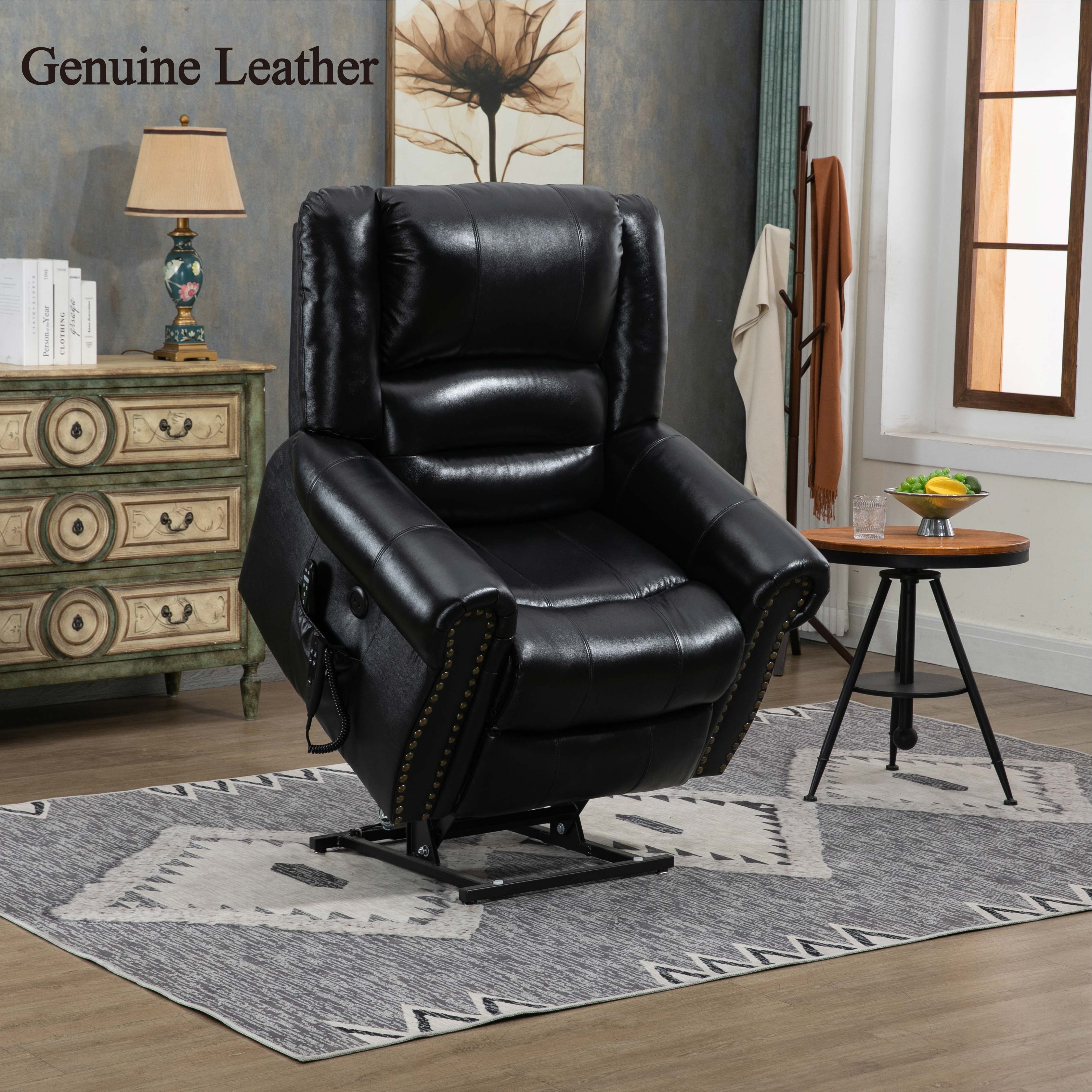 Genuine Leather Power Lift Recliner Chair with Massage Heat USB Ports Side Pockets