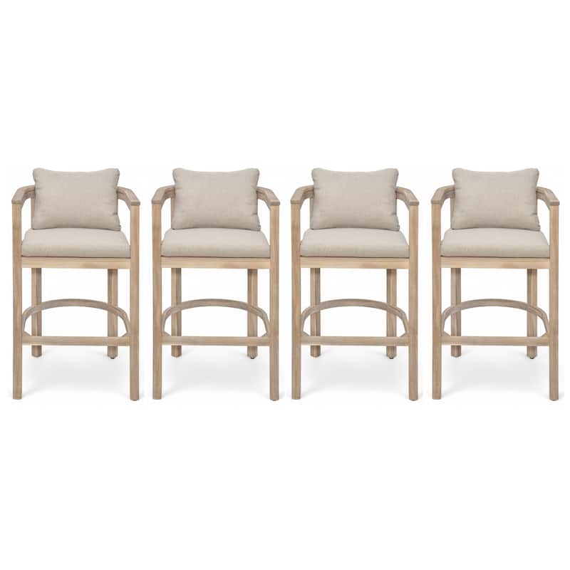 Christopher Knight Home - Abaco Outdoor Barstool Set of 4, Teak Finish Acacia Wood Frame with Beige Cushions. - Light White +Beige.