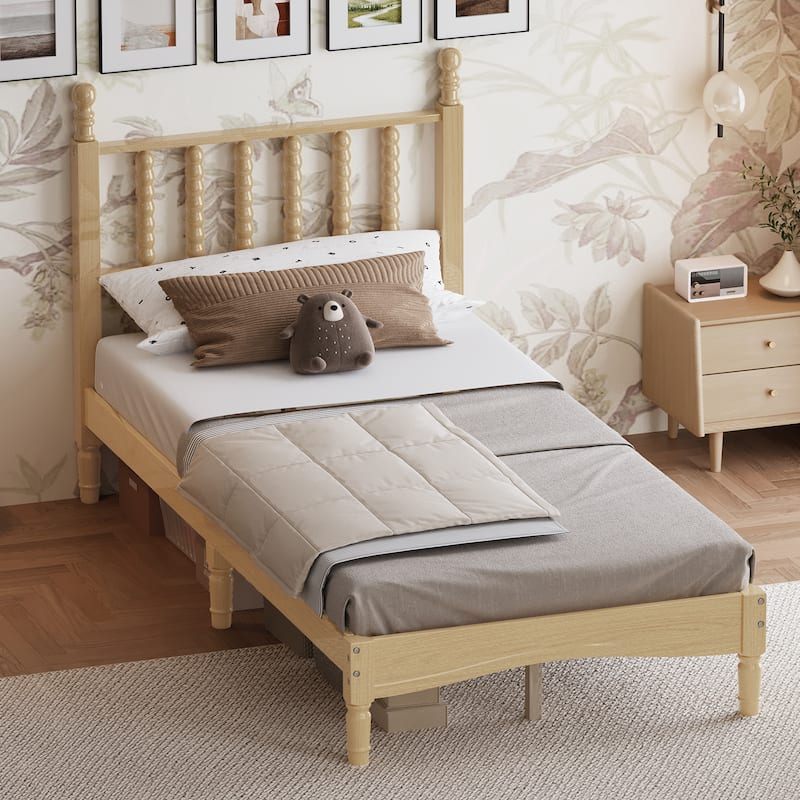 Twin/Full/Queen/King Retro Style Wood Platform Bed with Gourd Headboard and Wooden Slat Support - Natural - Twin