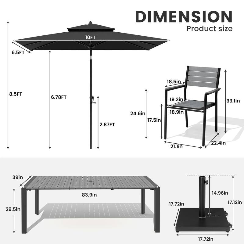 9/11-Piece Patio Dining Set Aluminum Dining Table and Chairs w/10 ft Market Umbrella and Base with Wheels