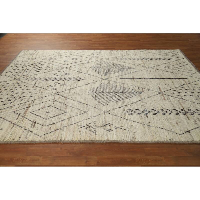 Geometric Moroccan Oriental Rug Handmade Geometric Beige Wool Carpet - 6'9" x 9'7"