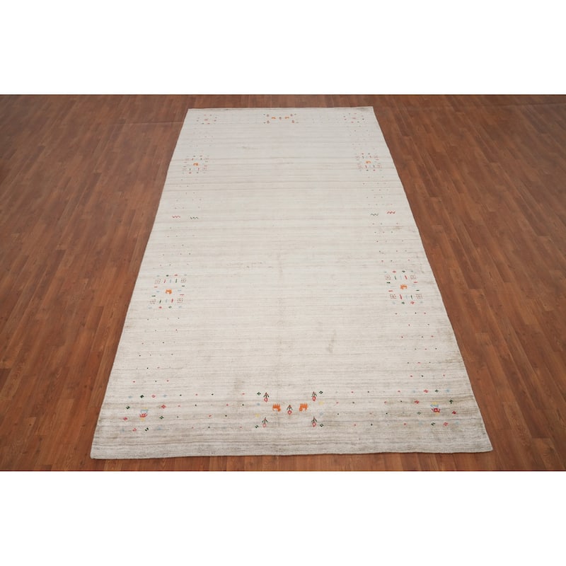 Hand Knotted Oriental Viscose Silk Carpet Tribal Animal Pictorial Beige & Ivories Gabbeh Area Rug - 12' 0'' X 6' 6''