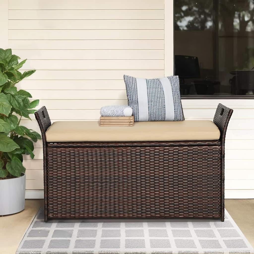 90 Gallon Outdoor Patio PE Rattan Wicker Storage Bench Deck Box with Cushion