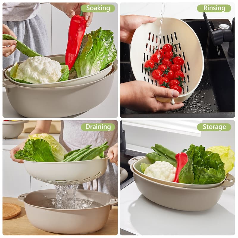 Javlergo Double Layer Oval Colander with Rotatable Design BPA Free PP Material Dishwasher Safe for Indoor Outdoor Use Barbecue