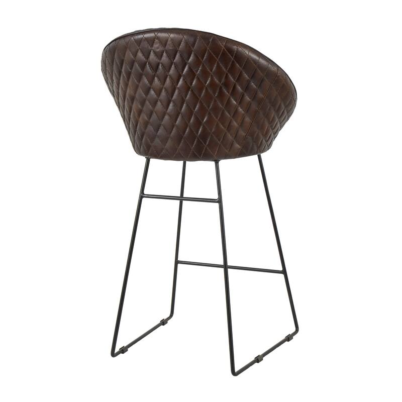 Brown Leather Round Diamond Tufted Bar Stool with High Back and Black Metal Legs (Set of 2)