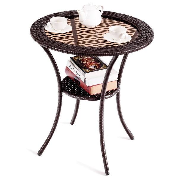 Shop Gymax Round Rattan Wicker Coffee Table Glass Top Steel Frame