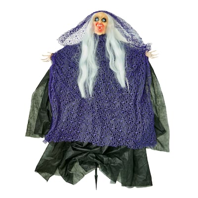 47" Halloween Light Up Eyes Witch on Stake with Purple Fish Net